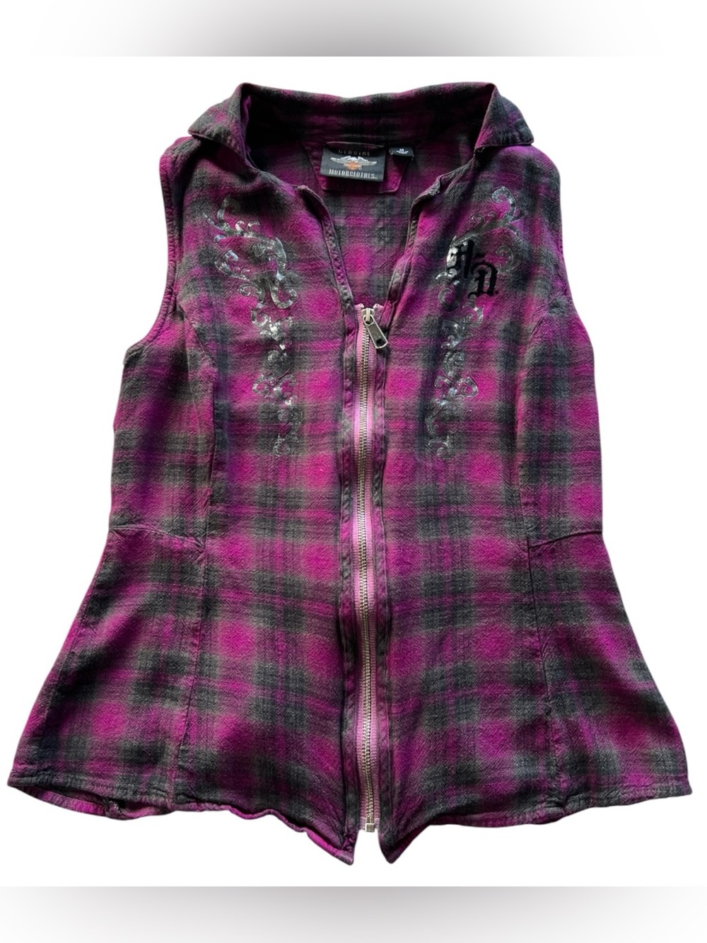 Harley-Davidson Pink, Purple and Black Plaid Sleeveless Zip-Up Shirt Vest